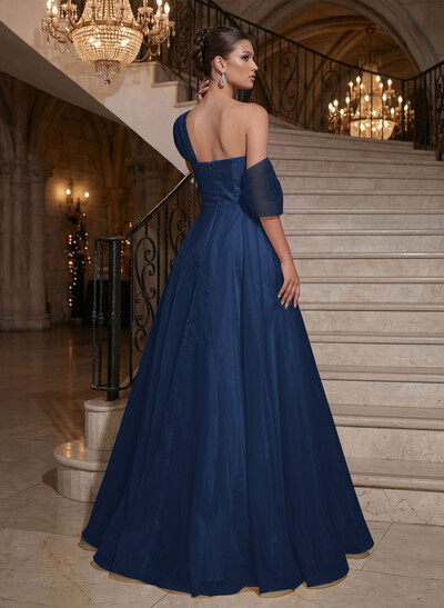 A-Line Asymmetrical Sleeveless Floor-Length Organza/Satin Evening Dresses
