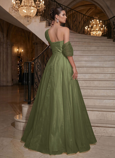 A-Line Asymmetrical Sleeveless Floor-Length Organza/Satin Evening Dresses