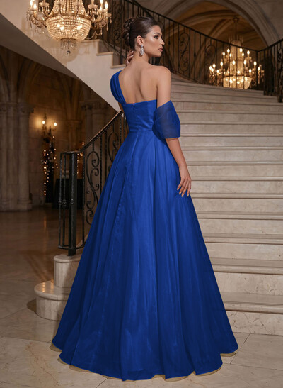 A-Line Asymmetrical Sleeveless Floor-Length Organza/Satin Evening Dresses