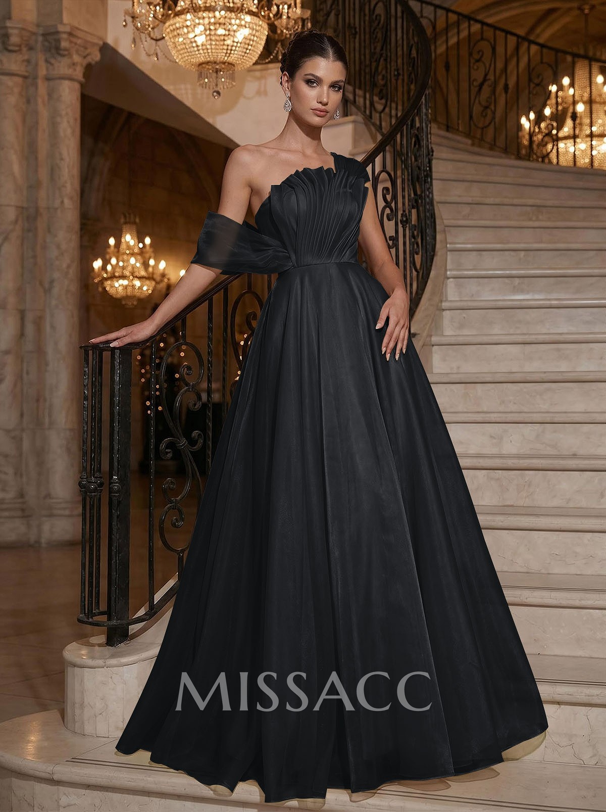 A-Line Asymmetrical Sleeveless Floor-Length Organza/Satin Evening Dresses
