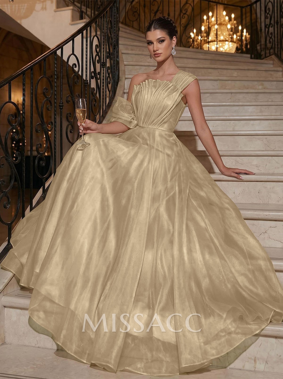 A-Line Asymmetrical Sleeveless Floor-Length Organza/Satin Evening Dresses