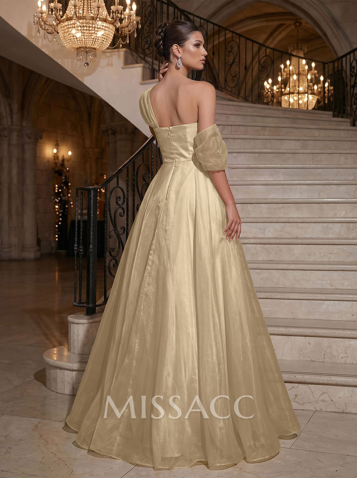 A-Line Asymmetrical Sleeveless Floor-Length Organza/Satin Evening Dresses