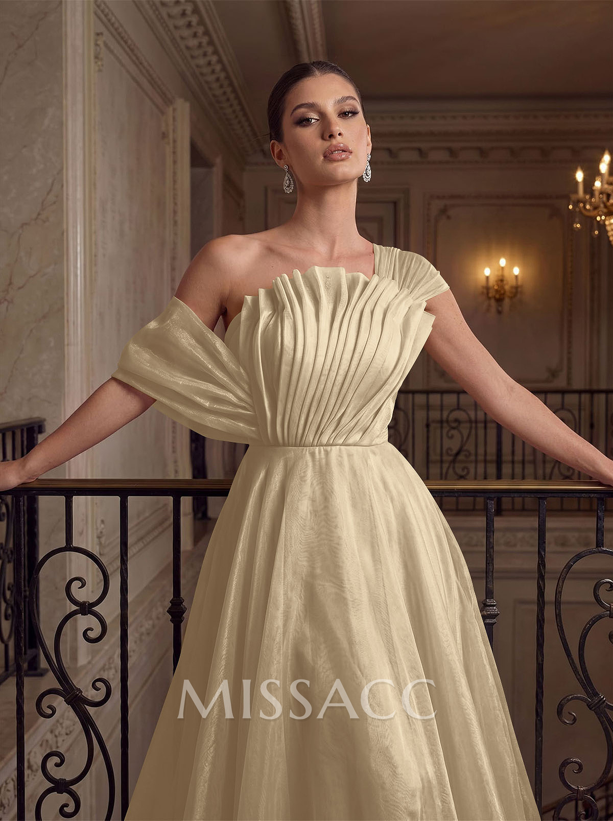 A-Line Asymmetrical Sleeveless Floor-Length Organza/Satin Evening Dresses