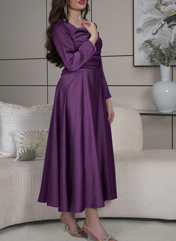 A-Line Square Neckline Long Sleeves Silk Like Satin Evening Dresses