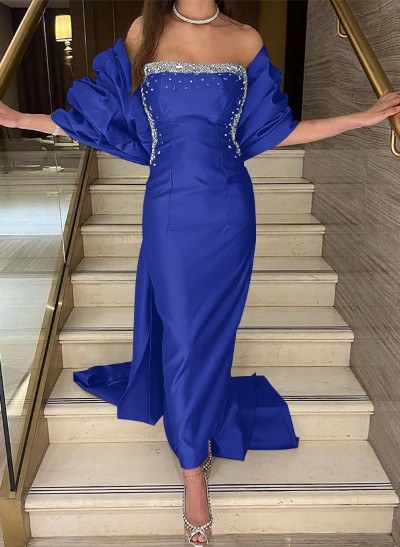 Sheath/Column Off-The-Shoulder Silk Like Satin Evening Dresses With Bow(s)