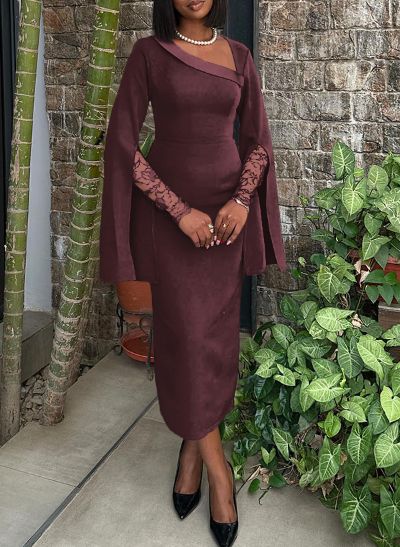 Sheath/Column V-Neck Short Sleeves Elastic Satin Evening Dresses With Lace