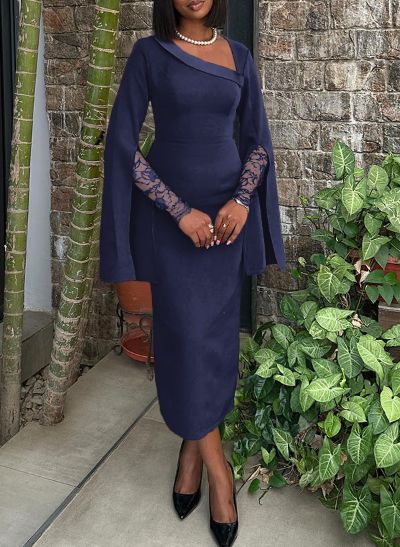 Sheath/Column V-Neck Short Sleeves Elastic Satin Evening Dresses With Lace