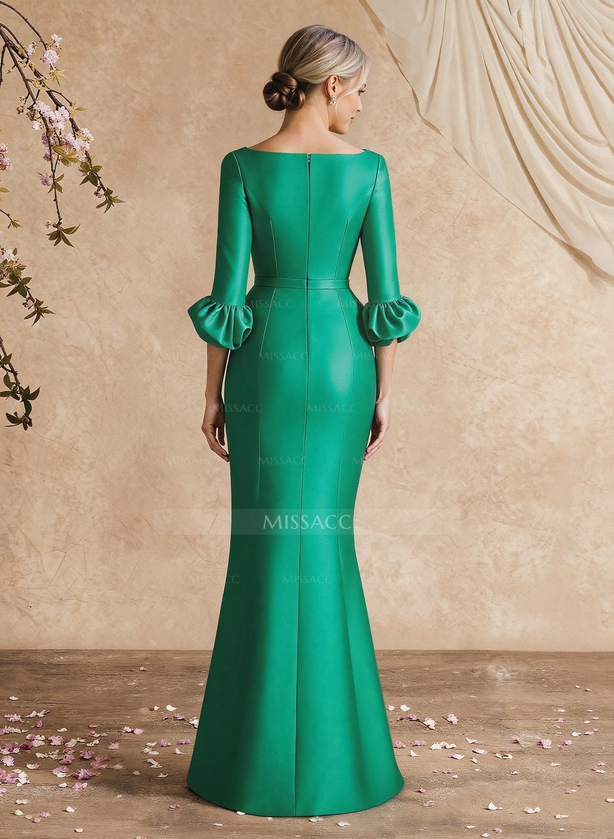 Trumpet Mermaid Illusion Neck 3/4 Sleeves Satin Evening Dresses With Ruffle