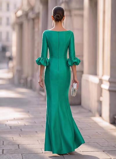 Trumpet Mermaid Illusion Neck 3/4 Sleeves Satin Evening Dresses With Ruffle