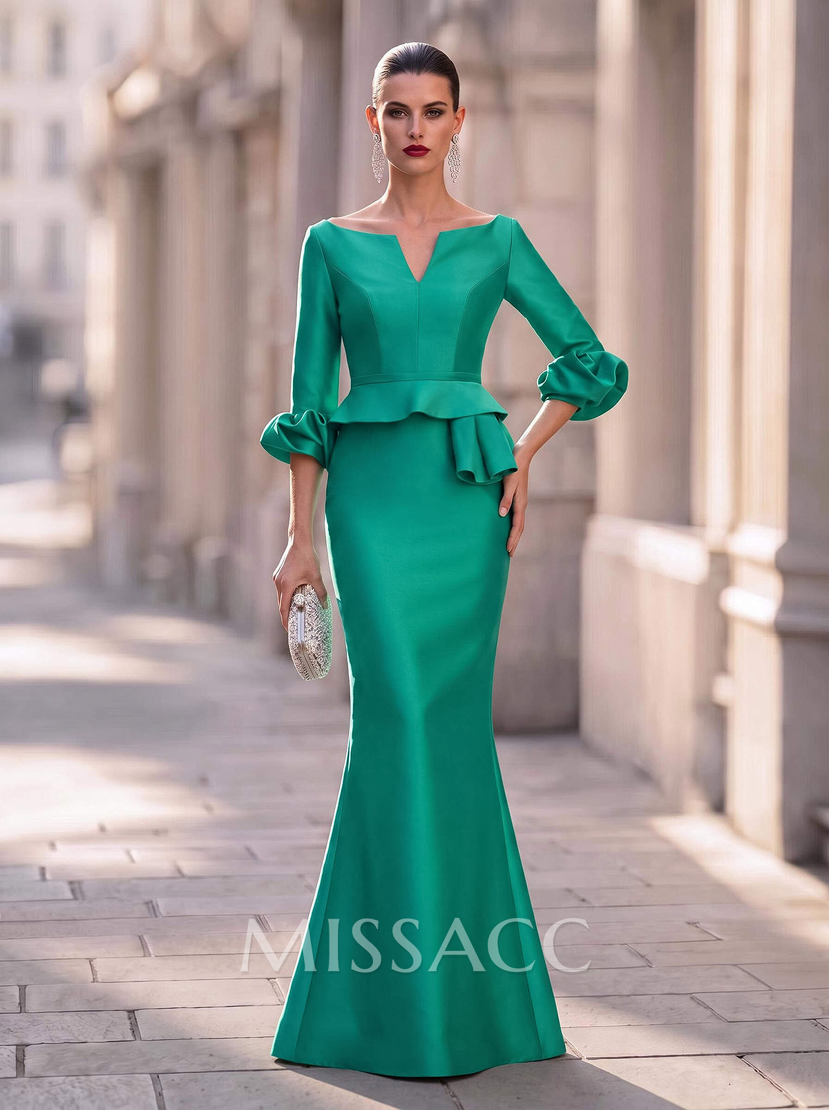 Trumpet Mermaid Illusion Neck 3/4 Sleeves Satin Evening Dresses With Ruffle