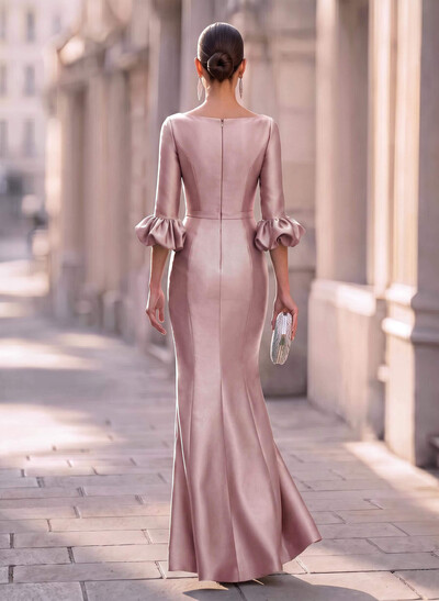 Trumpet Mermaid Illusion Neck 3/4 Sleeves Satin Evening Dresses With Ruffle