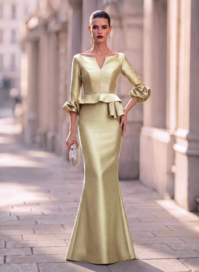 Trumpet Mermaid Illusion Neck 3/4 Sleeves Satin Evening Dresses With Ruffle