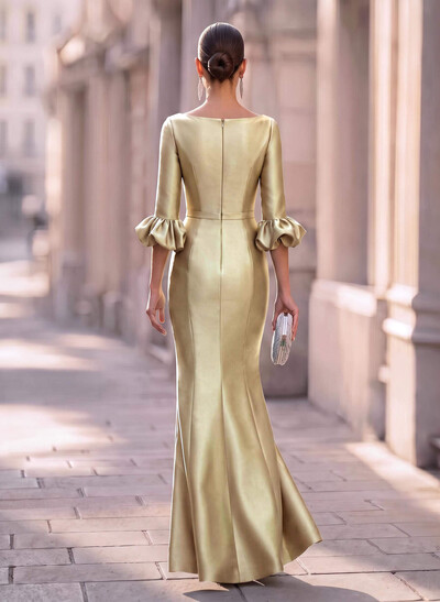 Trumpet Mermaid Illusion Neck 3/4 Sleeves Satin Evening Dresses With Ruffle