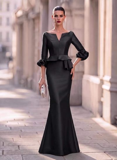 Trumpet Mermaid Illusion Neck 3/4 Sleeves Satin Evening Dresses With Ruffle