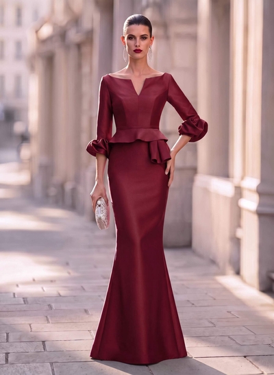 Trumpet Mermaid Illusion Neck 3/4 Sleeves Satin Evening Dresses With Ruffle