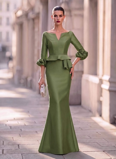 Trumpet Mermaid Illusion Neck 3/4 Sleeves Satin Evening Dresses With Ruffle