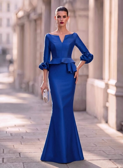 Satin Trumpet Mermaid Formal Dress with Illusion Neck, 3/4 Sleeves and Ruffle Detail