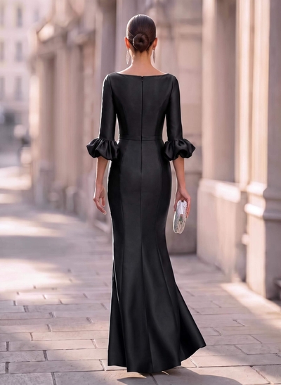 Trumpet Mermaid Illusion Neck 3/4 Sleeves Satin Evening Dresses With Ruffle