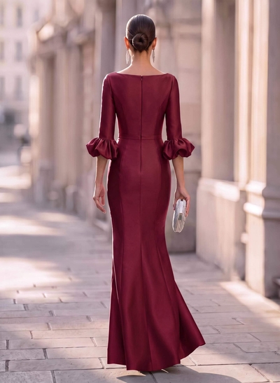 Trumpet Mermaid Illusion Neck 3/4 Sleeves Satin Evening Dresses With Ruffle