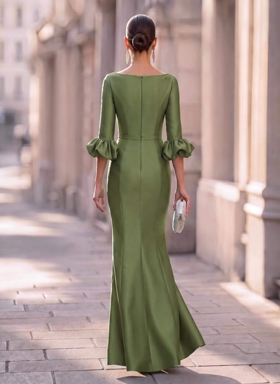 Trumpet Mermaid Illusion Neck 3/4 Sleeves Satin Evening Dresses With Ruffle