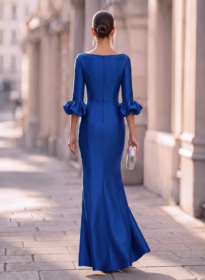 Satin Trumpet Mermaid Formal Dress with Illusion Neck, 3/4 Sleeves and Ruffle Detail
