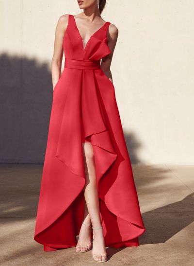 A-Line V-Neck Sleeveless Asymmetrical Satin Evening Dresses With Ruffle