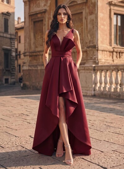 A-Line V-Neck Sleeveless Asymmetrical Satin Evening Dresses With Ruffle