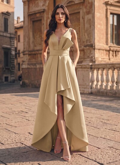 A-Line V-Neck Sleeveless Asymmetrical Satin Evening Dresses With Ruffle