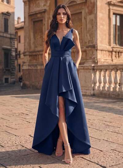 A-Line V-Neck Sleeveless Asymmetrical Satin Evening Dresses With Ruffle