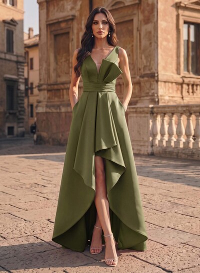 A-Line V-Neck Sleeveless Asymmetrical Satin Evening Dresses With Ruffle
