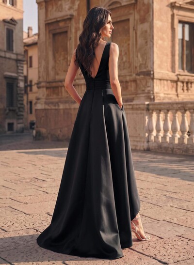A-Line V-Neck Sleeveless Asymmetrical Satin Evening Dresses With Ruffle