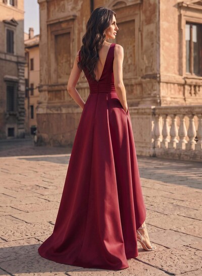 A-Line V-Neck Sleeveless Asymmetrical Satin Evening Dresses With Ruffle
