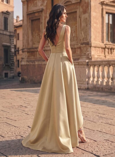 A-Line V-Neck Sleeveless Asymmetrical Satin Evening Dresses With Ruffle
