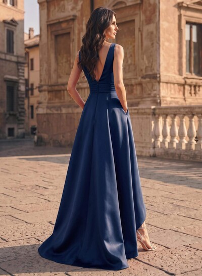 A-Line V-Neck Sleeveless Asymmetrical Satin Evening Dresses With Ruffle