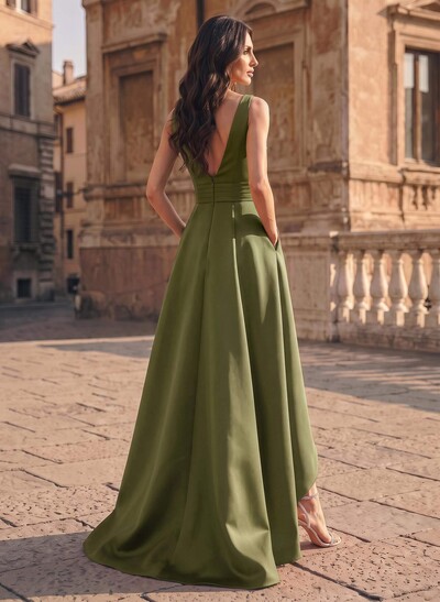 A-Line V-Neck Sleeveless Asymmetrical Satin Evening Dresses With Ruffle