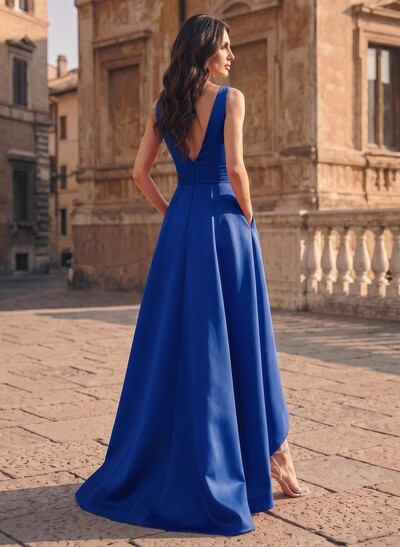 A-Line V-Neck Sleeveless Asymmetrical Satin Evening Dresses With Ruffle