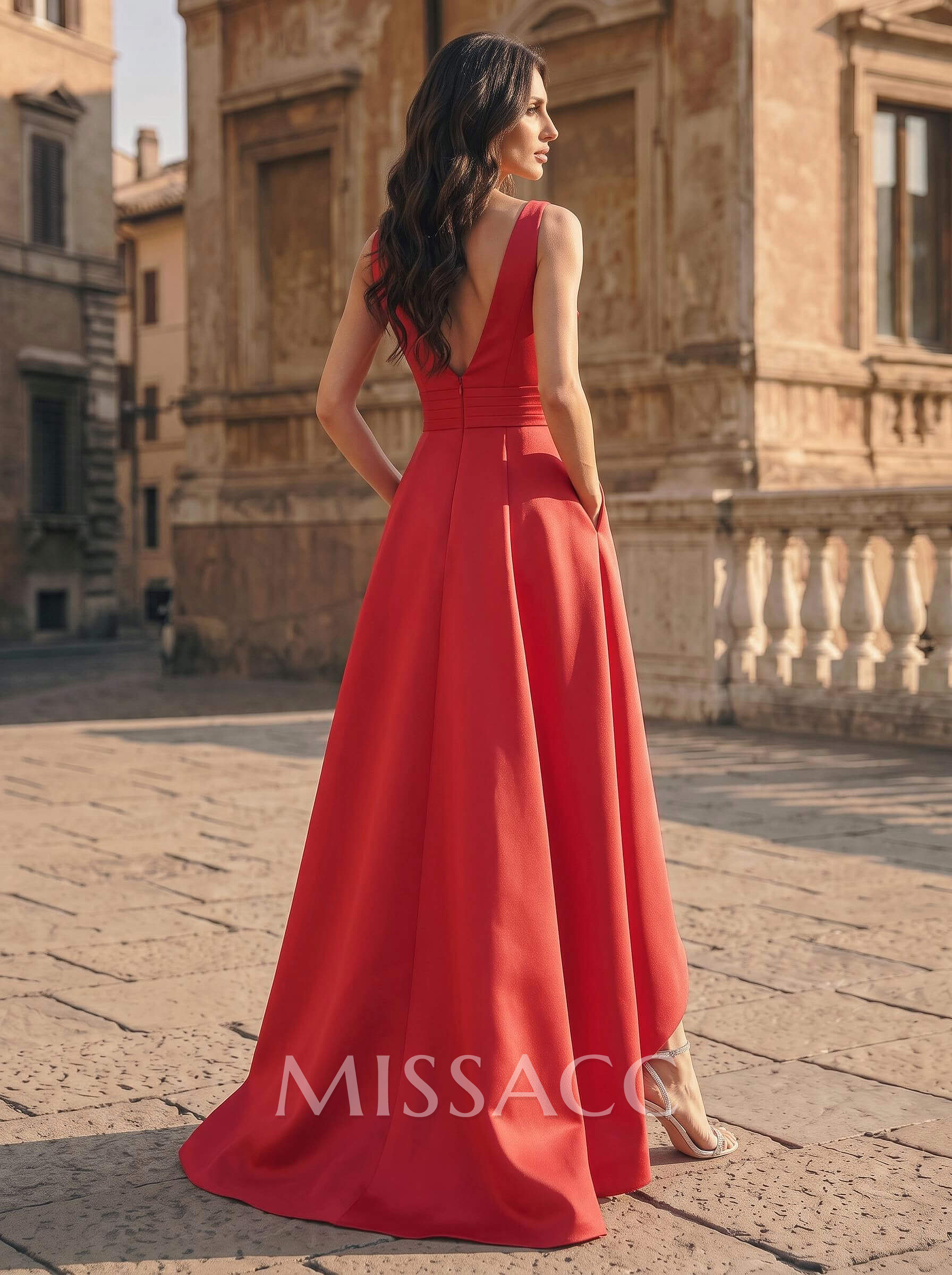 A-Line V-Neck Sleeveless Asymmetrical Satin Evening Dresses With Ruffle A-Line V-Neck Sleeveless Asymmetrical Satin Evening Dresses With Ruffle