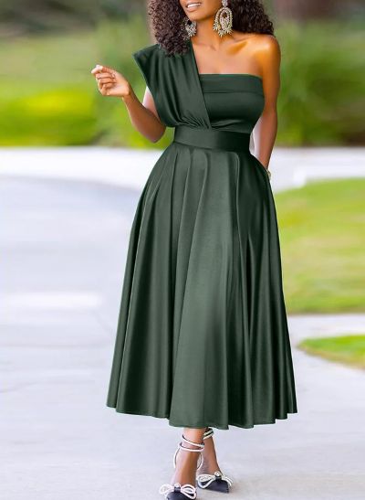 A-Line One-Shoulder Sleeveless Ankle-Length Silk Like Satin Evening Dresses