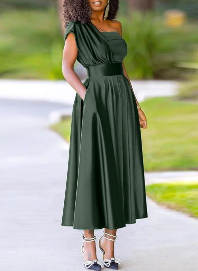 A-Line One-Shoulder Sleeveless Ankle-Length Silk Like Satin Evening Dresses
