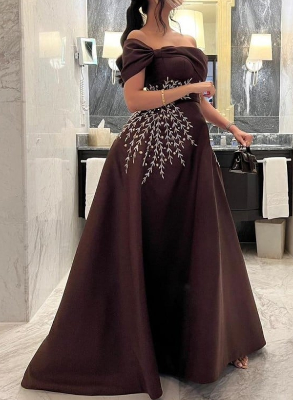 A-Line Off-The-Shoulder Sleeveless Satin Evening Dresses With Sequins
