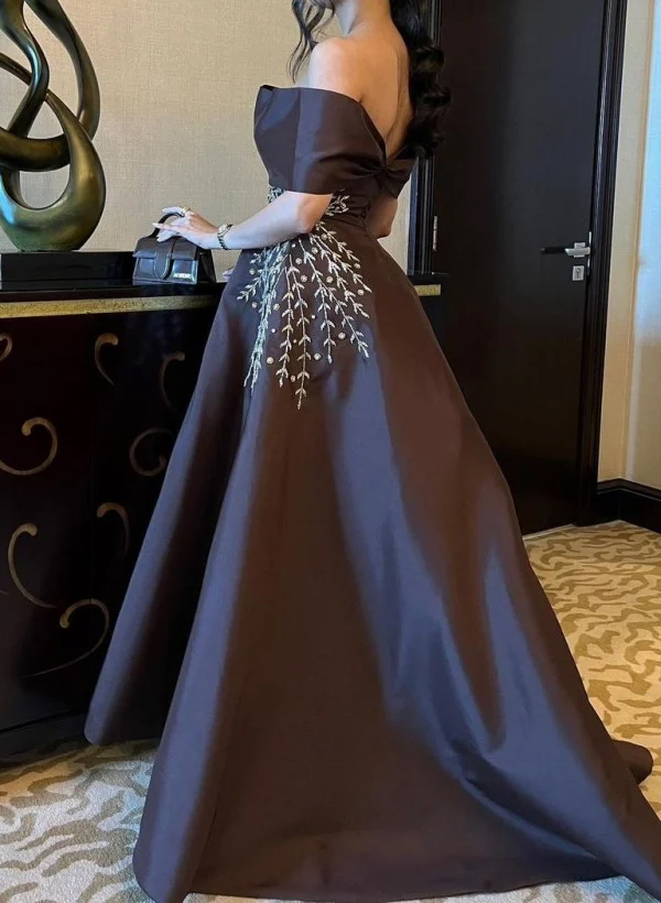 A-Line Off-The-Shoulder Sleeveless Satin Prom Dresses With Sequins