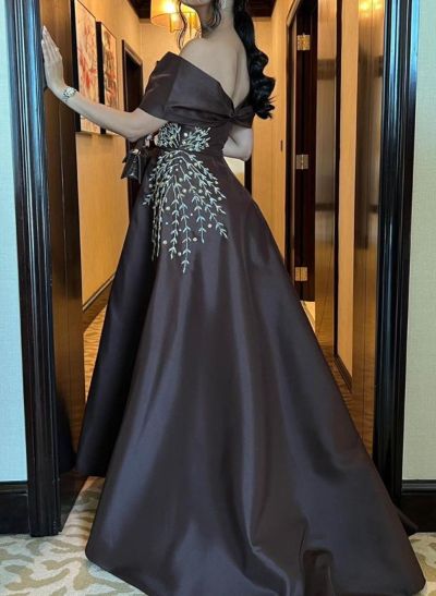 A-Line Off-The-Shoulder Sleeveless Satin Prom Dresses With Sequins