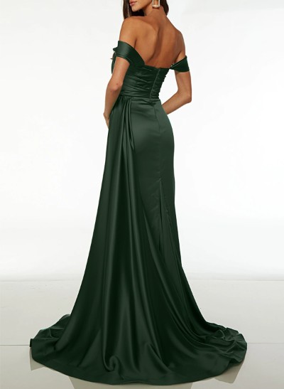 A-Line Off-The-Shoulder Sleeveless Sweep Train Satin Evening Dresses With High Split