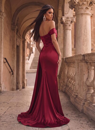 A-Line Off-The-Shoulder Sleeveless Matte Satin Evening Dresses With High Split
