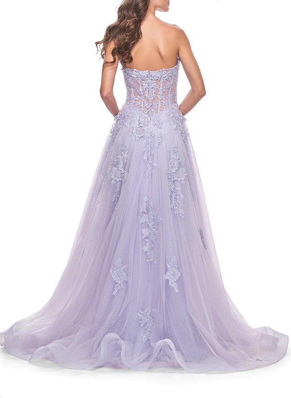 A-Line Sweetheart Sleeveless Lace/Tulle Evening Dresses With High Split