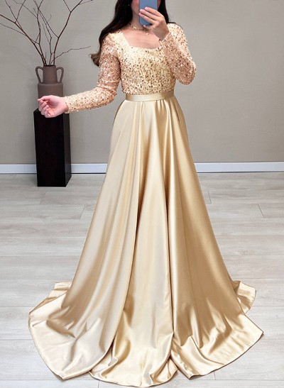 A-Line Square Neckline Long Sleeves Silk Like Satin Prom Dresses With Sequins