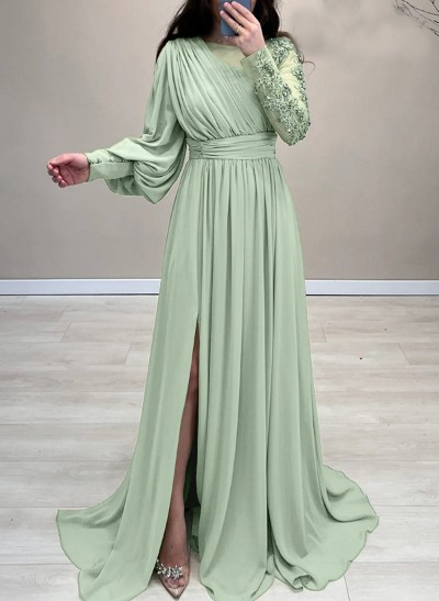 A-Line Scoop Neck Long Sleeves Chiffon Evening Dresses With Appliques Lace