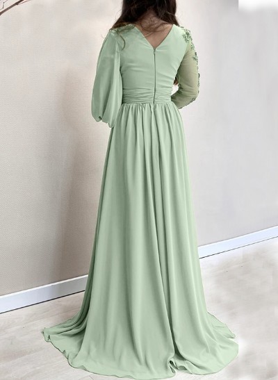A-Line Scoop Neck Long Sleeves Chiffon Evening Dresses With Appliques Lace