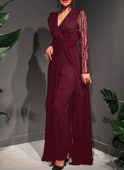 Jumpsuit/Pantsuit V-Neck Chiffon/Tulle Evening Dresses With Sequins