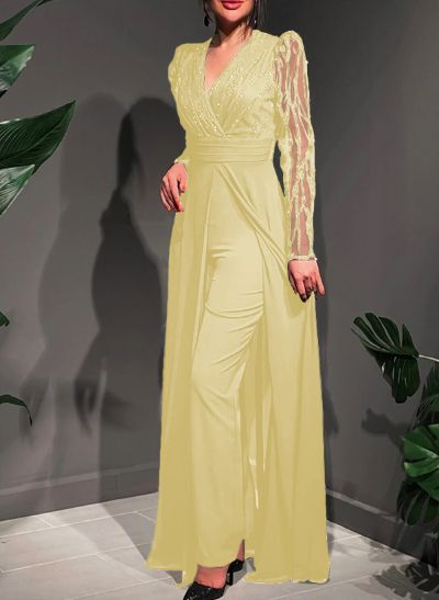 Jumpsuit/Pantsuit V-Neck Chiffon/Tulle Evening Dresses With Sequins